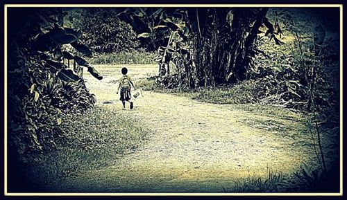 Rear view of people walking on footpath