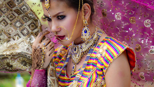 Close-up of bride wearing sari