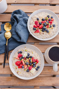 High angle view of breakfast served on table