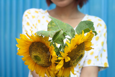 Close-up of woman holding sunflowers