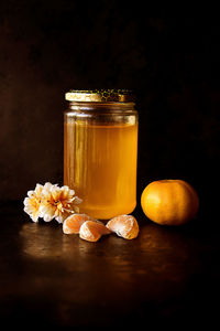 Close-up of drink in jar on table