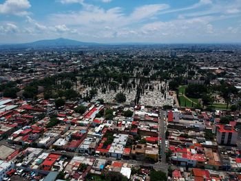 High angle shot of townscape against sky