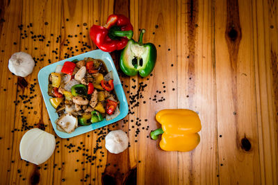 High angle view of fruits and vegetables on table