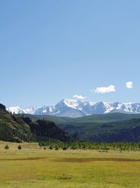 Scenic view of field and mountains against blue sky