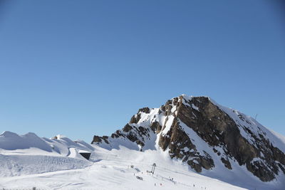 Low angle view of snowcapped mountains against clear blue sky