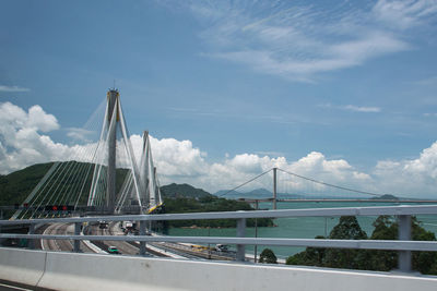 View of suspension bridge against cloudy sky