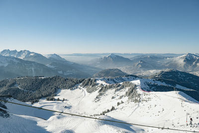Scenic view of snowcapped mountains against clear sky