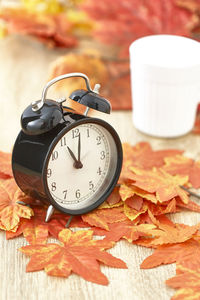 High angle view of clock on table