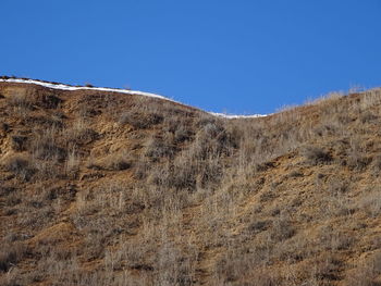 Low angle view of mountain against clear blue sky