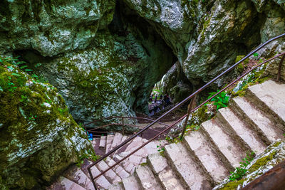 High angle view of narrow stairs along moss rocks