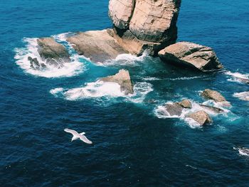 High angle view of rock formation in sea