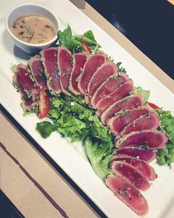 High angle view of meal served on table