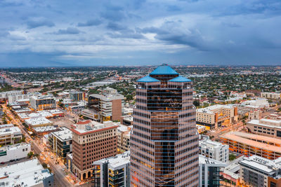 Norwest bank tower, the highest building in tucson, arizona. drone view.