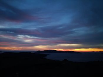 Scenic view of silhouette mountains against dramatic sky