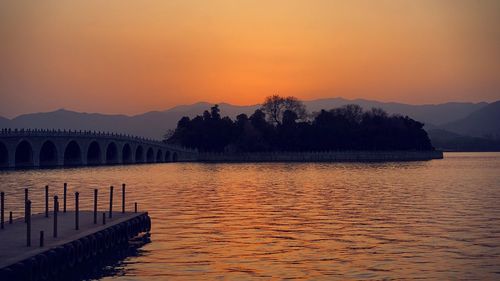 Scenic view of lake against sky during sunset