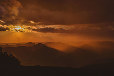 Scenic view of silhouette mountain against sky during sunset