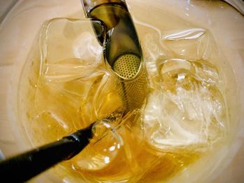 High angle view of beer in glass