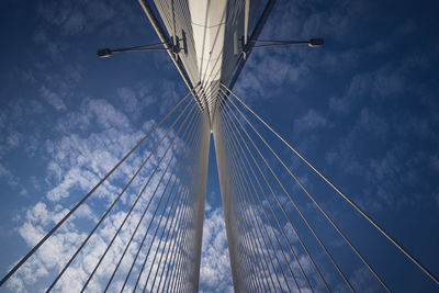 Low angle view of suspension bridge against sky