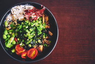 High angle view of salad in bowl on table