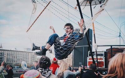 Blurred motion of people at amusement park