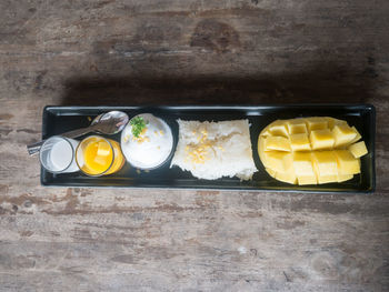 High angle view of breakfast on table