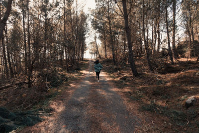 Rear view of man walking in forest