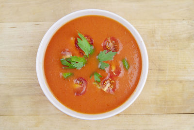 High angle view of soup in bowl on table