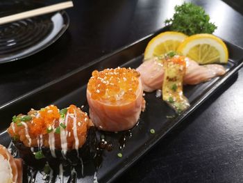 High angle view of sushi in plate