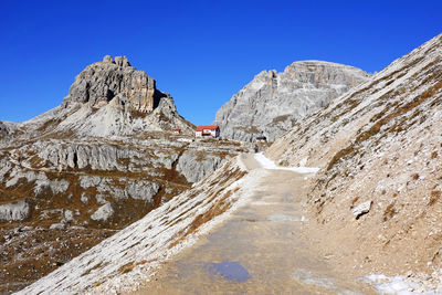 Panoramic view of rocky mountains against clear blue sky