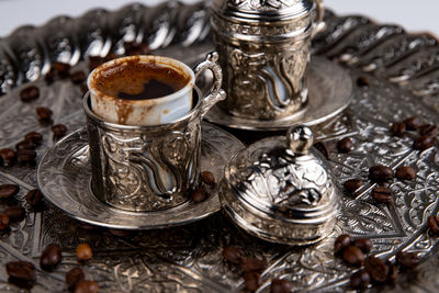 High angle view of drink in jar on table