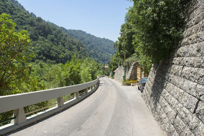 Road amidst trees and mountains against clear sky