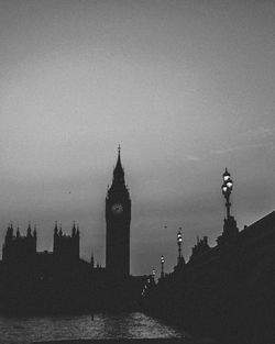 Silhouette buildings by river against sky in city