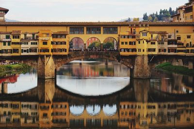 Reflection of bridge over river in city