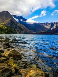 Scenic view of lake against cloudy sky