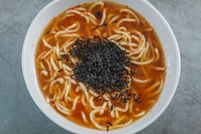 High angle view of noodles in bowl