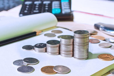 Close-up of coins on table