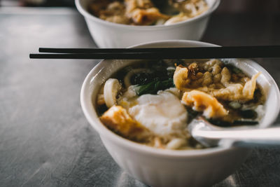 Close-up of soup in bowl on table