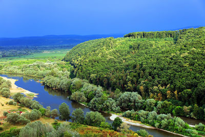 Scenic view of green landscape against clear blue sky