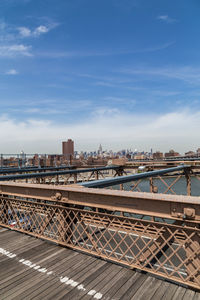 Bridge in city against blue sky