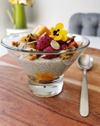 Close-up of dessert in glass on table