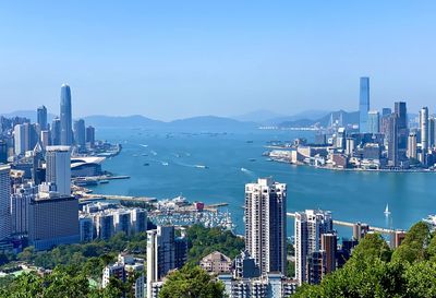 Aerial view of city buildings at waterfront