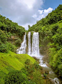 Scenic view of waterfall in forest against sky