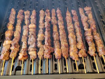 High angle view of food on barbecue grill