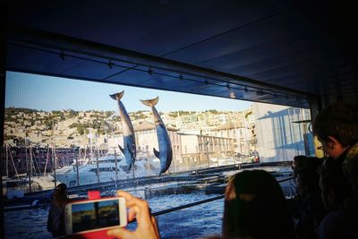 Rear view of man on boat in city