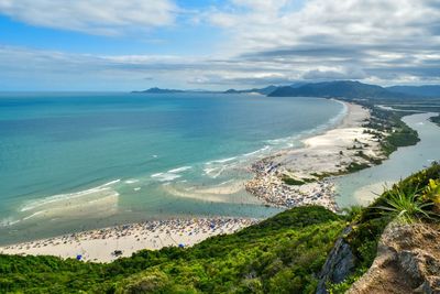 High angle view of bay against clear sky