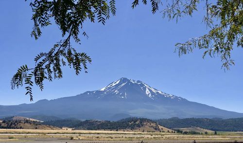 Scenic view of snowcapped mountains against clear sky