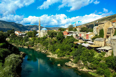 High angle view of river amidst buildings in town