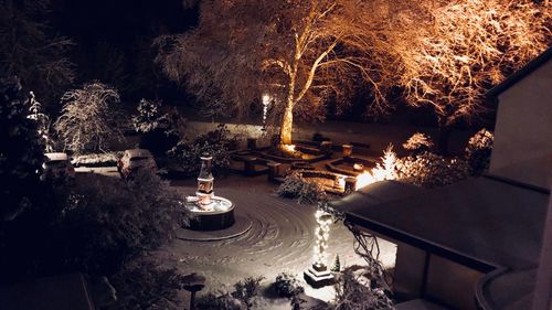 High angle view of illuminated fountain at night