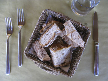 High angle view of breakfast served on table