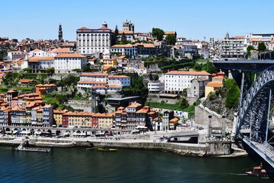 Bridge over river by buildings in city against sky